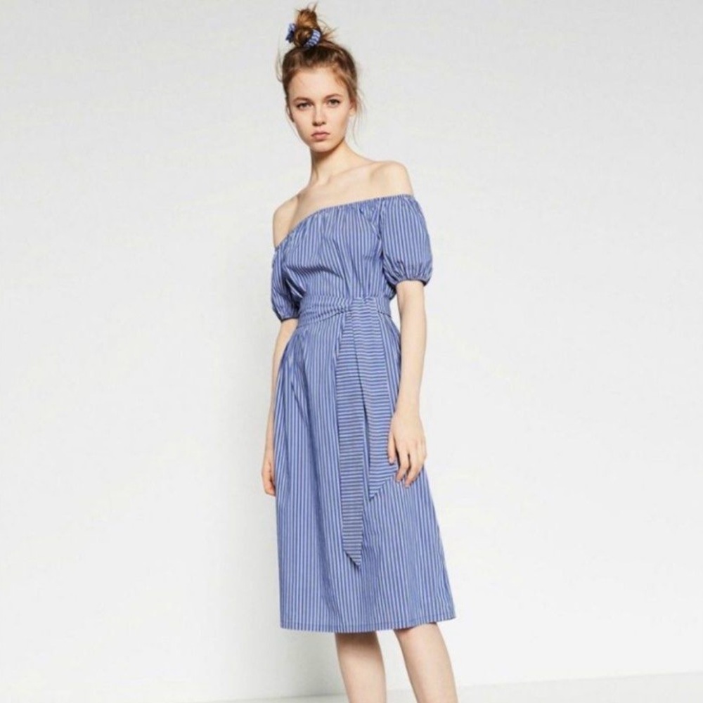 Zara Woman Blue Stripe Off-Shoulder Midi Dress
